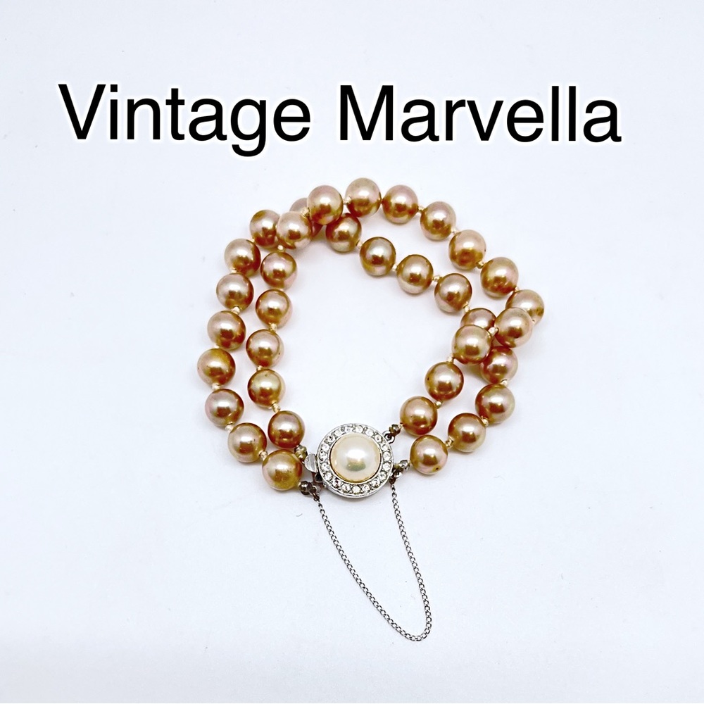 Vintage Marvella 2 Row Mocha Pearl Bracelet W/ White Pearl Crystal Clasp, Safety
